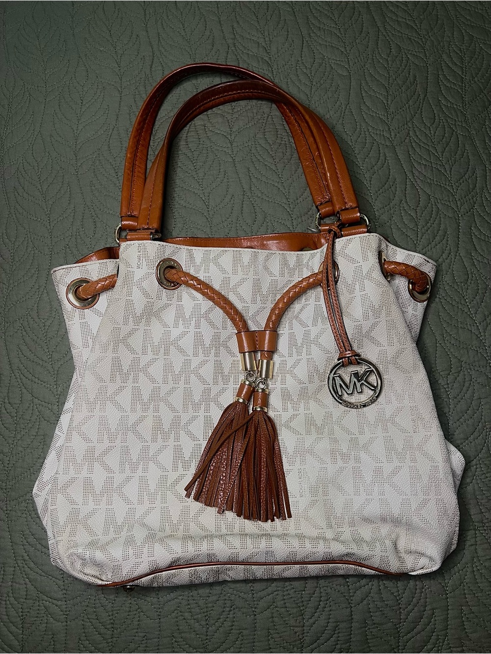 Michael Kors White & Brown Signature Tassel Drawstring Tote